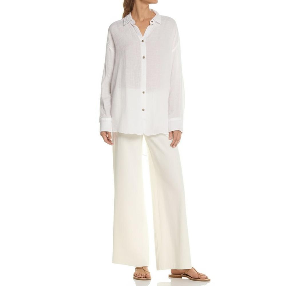Soft Surroundings Shirt  Large White Long Sleeve Oversize‎ Linen Coastal Resort